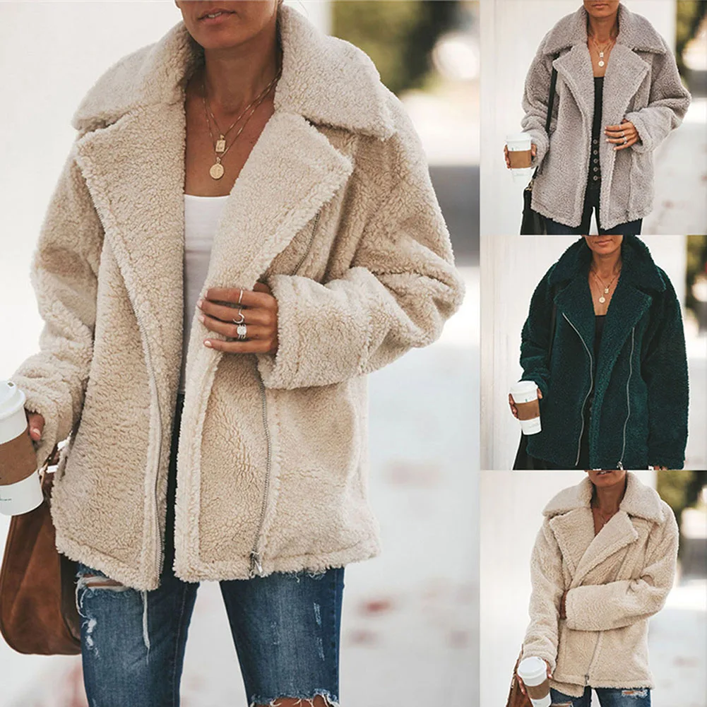 

Fadzeco Fleece Sweater Sherpa Fleece Cardigan Large Pockets Lapel Neck Warm Coat Female Winter Fall Streetwear Jacket