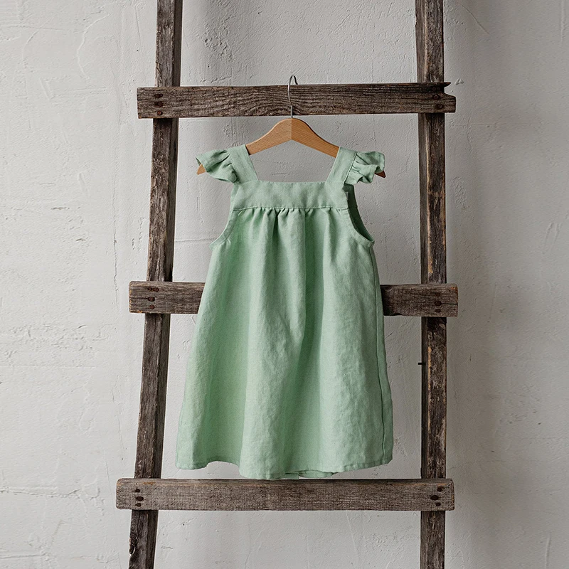 Children Girls' Linen Dress Summer New Literary Petal Sleeves Loose Baby Girl Strap Princess Dresses TZ04