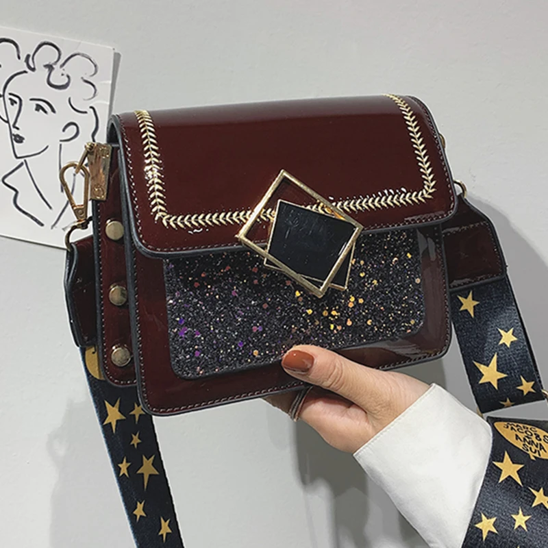 

2019 New Women's Shoulder Messenger Bag Designer Fashion Sequins Small Square Bags High Quality Leather Rivet Decoration Handbag