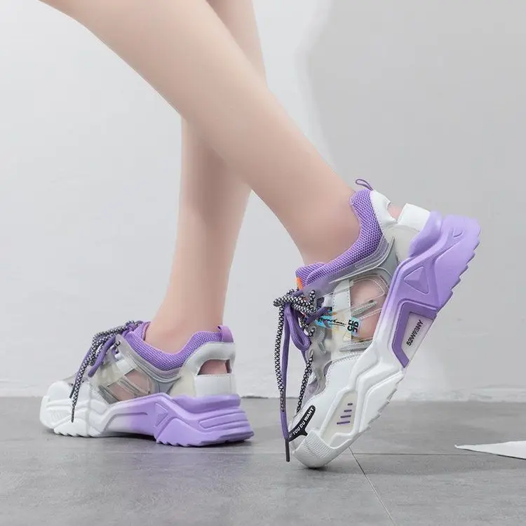 

Arrive New 2020 Creeper Dad Sandals Lace Up Mesh Platform Hollow Shoes Thick Bottom Casual Sneakers Woman Shoes