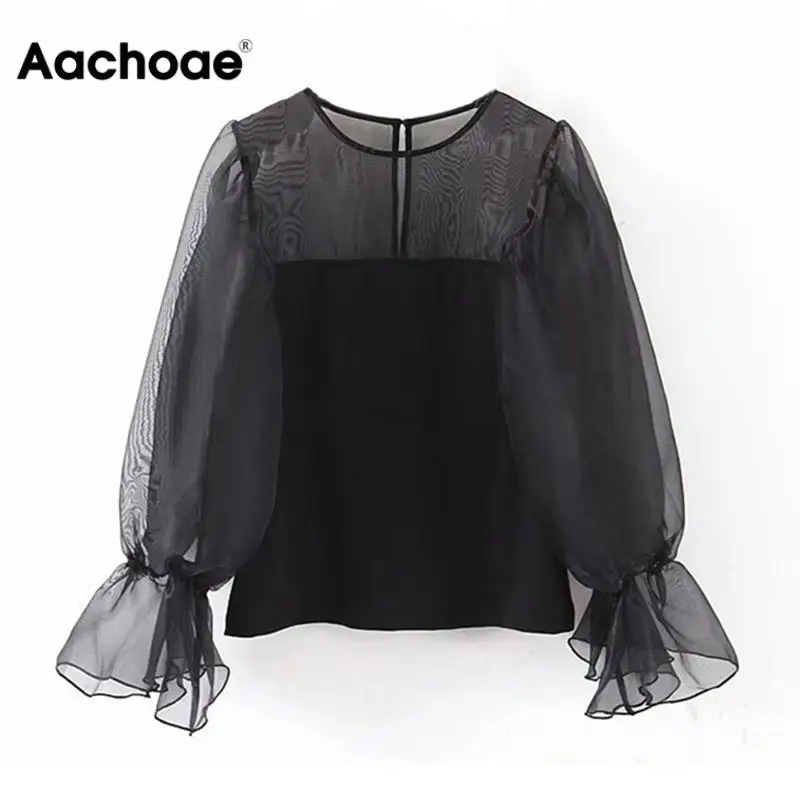 Aachoae Женская шикарная черная блуза из органзы с круглым вырезом и расклешенными