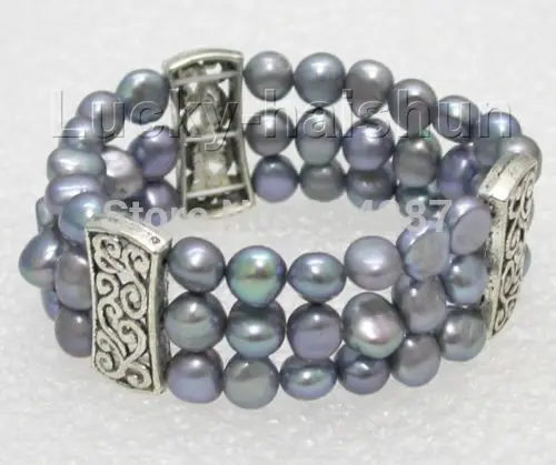 Растягивающиеся! 3 ряда 9 мм павлин черный барокко Жемчуг Браслет пружинистый