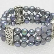 Растягивающиеся! 3 ряда 9 мм павлин черный барокко Жемчуг Браслет пружинистый