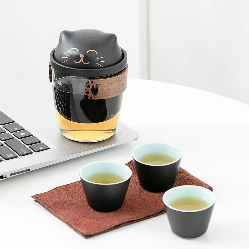 Tea Set Portable Travel Simple Kung Fu Teapot Cup Cute Cat Outdoor One Pot Three Cups Glass Ceramics | Дом и сад