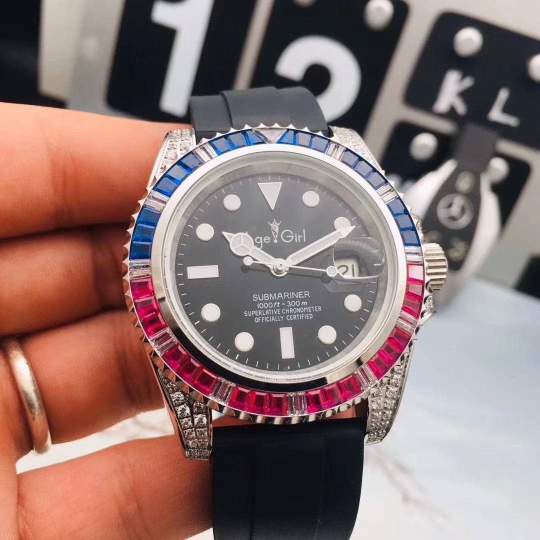 

Luxury Brand New Men Automatic Mechanical Silver Watch Black Red Blue Rubber Rainbow Diamond Stainless Steel Sapphire Waterproof