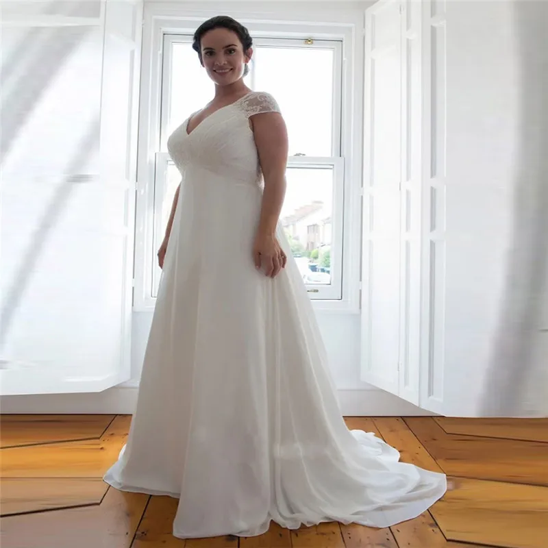 

Off Shoulder Lace A-Line Wedding Dresses Empire Waist 2021 Plus Size Chiffon Skirt Women Bridal Gowns Spring Garden
