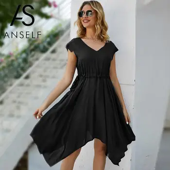 

Fashion Mini Dress Women Summer Dress 2020 Irregular V Neck Drawstring High Waist Asymmetric Hem Boho Holiday Beach Casual Dress