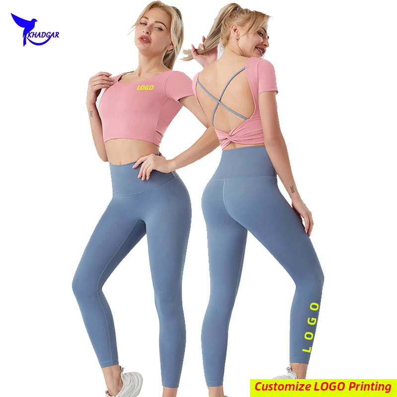 

Women Built-In Bra Quick Dry Running Set Stretch Crop Top+Leggings 2 Pcs Yoga Sport Suit Gym Fitness Workout Sportswear Custom