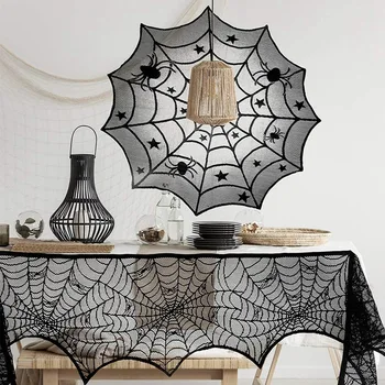 

4 Pcs Black Spider Halloween Lace Tablecloth, Halloween Home Decorations Dinner Parties and Scary Movie Nights