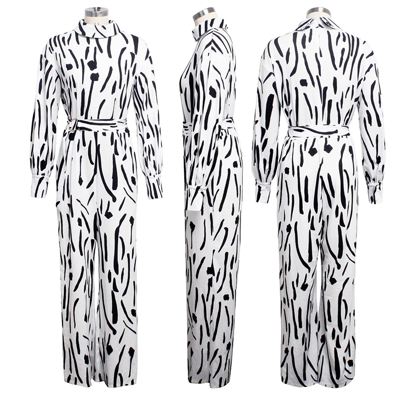 Women Casual Jumpsuit Wide Leg Pants Stand Neck Long Sleeve One Piece Jumpsuit Print High Waist Sashes Elegant Overalls