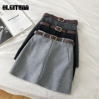 

2020 New Style Ladies Elegant Spring Winter Vintage Office Short Skirt High Waist A-line Belt Pockets Women Mini Skirt