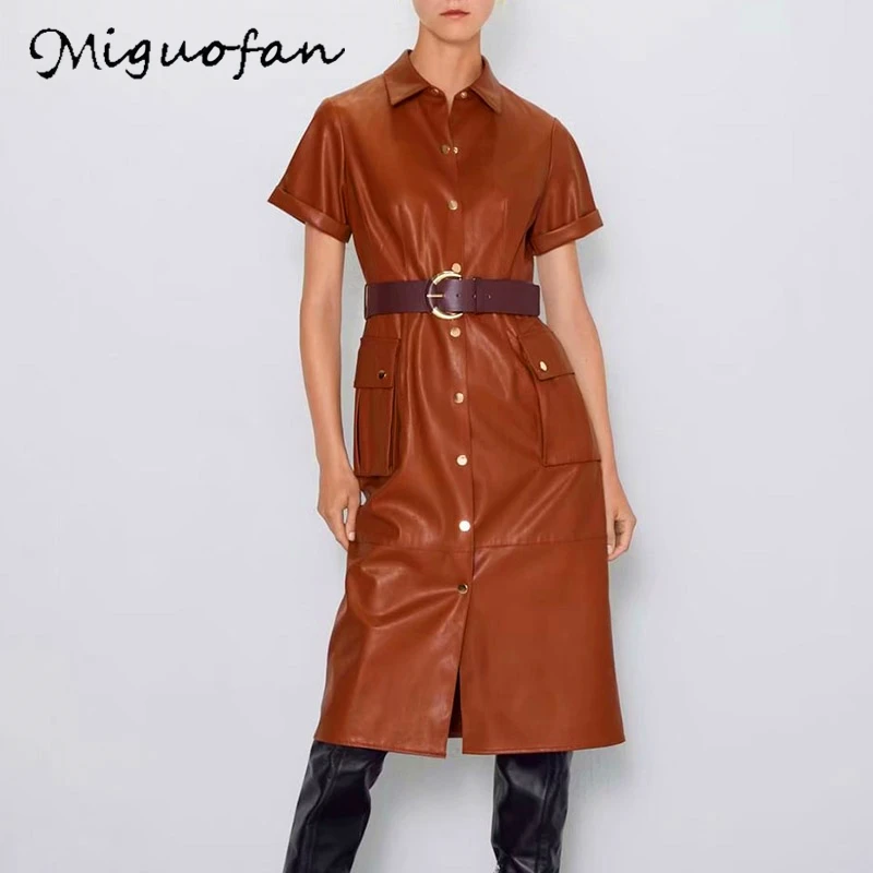 Женское платье из искусственной кожи Miguofan элегантное миди с короткими рукавами и