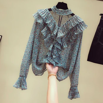 

Floral Chiffon Shirts for Women 2019 New Spring Autumn High Collar Ruffles Pullovers Tops Hollow Out Gauze Long Sleeve Blouses
