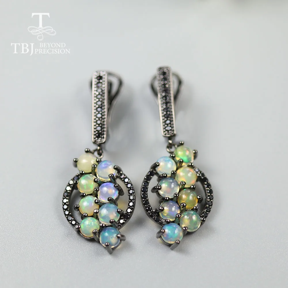 

TBJ 3ct Natural Ethiopia Opal earring Round 4 mm cluster setting gemstone earring 925 sterling silver fine jewelry for women