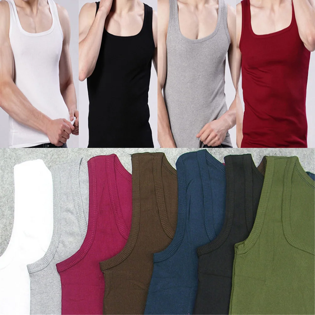 2021 Tank Top Men Fashion Square Neck Cotton Sleeveless Shirt Elastic Korean Solid Bodybuilding Vest Stretch Gym Fitness Singlet | Мужская