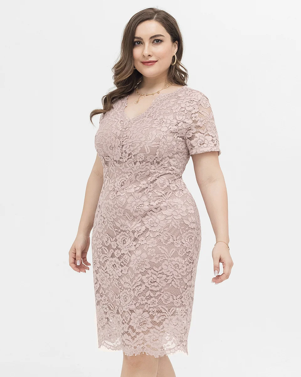 Plus Size Lace Dress Women Elegant Pencil Midi Dress With V Neck Big Size Casual Pink Dresses Short Sleeve Summer Dress XL-XXXXL