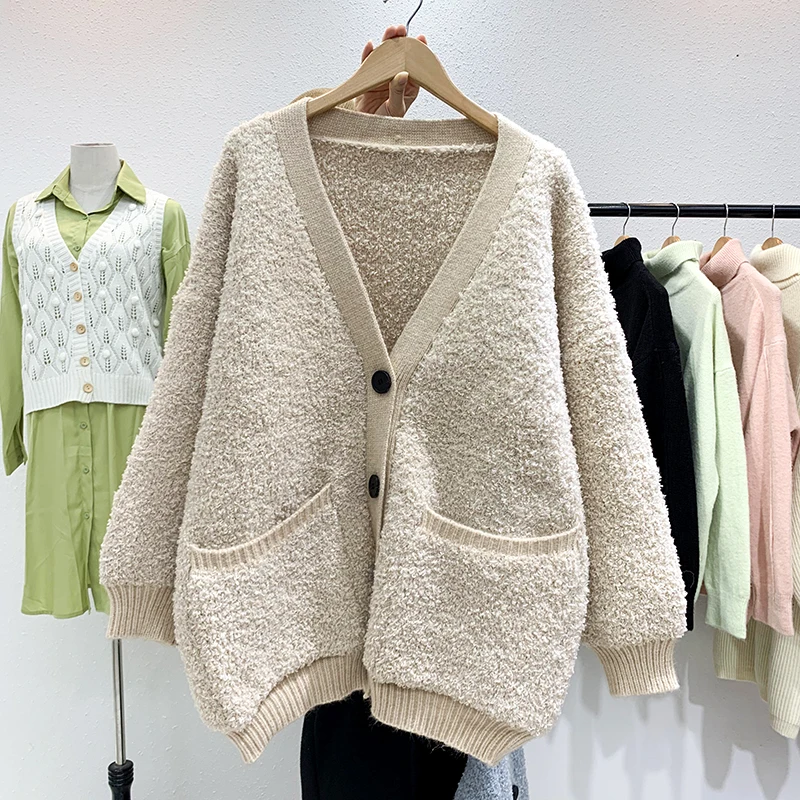 HF19320 Khaki H.SA Women Sweater Coat Long Sleeve Big Pocket Single Breasted Thick Long Jacket Poncho Fleece christmas sweater Cardigans - Color: HF19320 Khaki