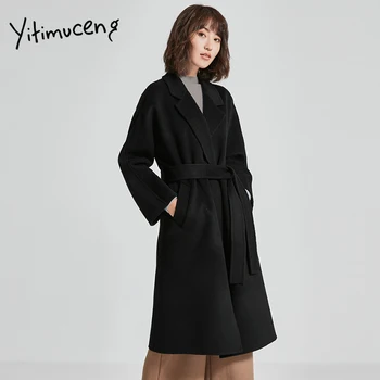 

yitimuceng Cashmere belt long wool coat women covered button long coats women female coats and jackets women black khaki outfits