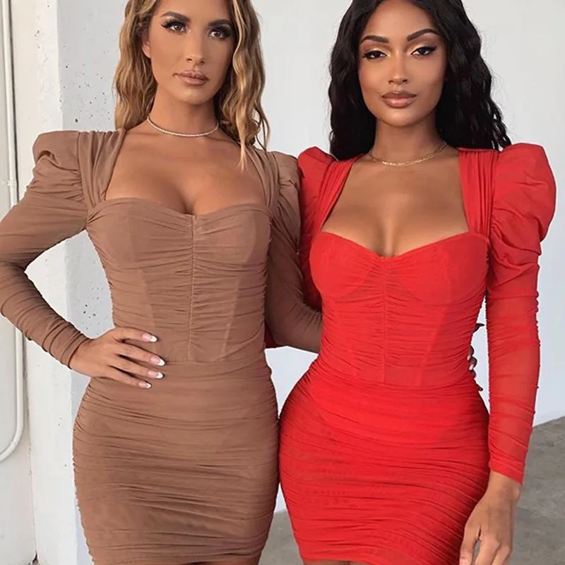 square neck ruched mesh bodycon dress