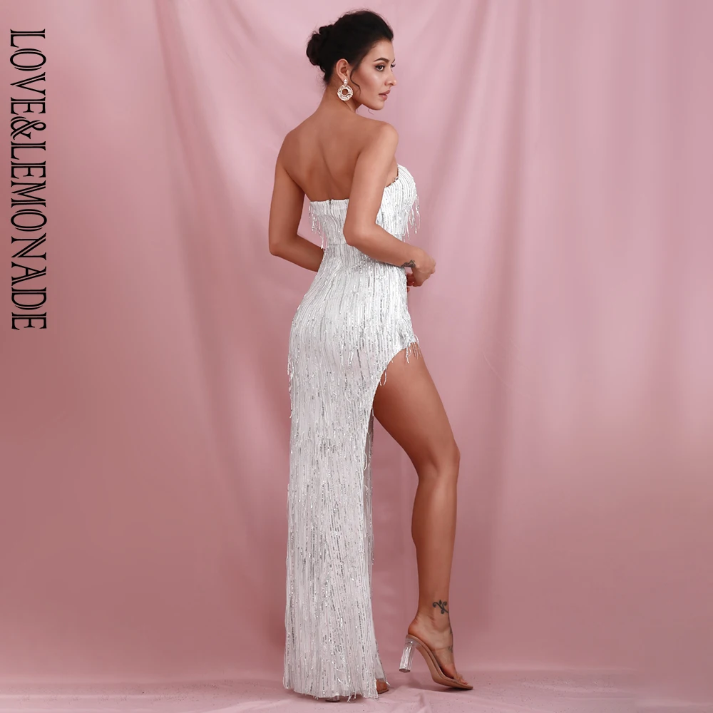 LOVE&LEMONADE, сексуальное, серебряное, с v-образным вырезом, с одной стороны, с вырезами, эластичное, с кисточками, с блестками, подходят, вечерние, макси платье, LM82107