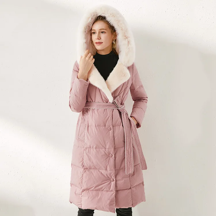 Shenzhen boutique Зимний пуховик с капюшоном Южнокорейская версия с зауженной талией Тонкий белый пуховик женский - Цвет: Розовый