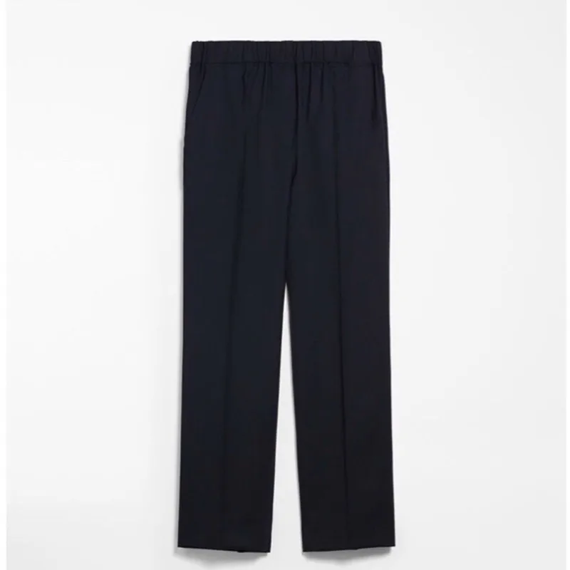 

Women's Wool-blend Elastic Waist Ankle-Length Pants Black Color Straight Slim Trousers