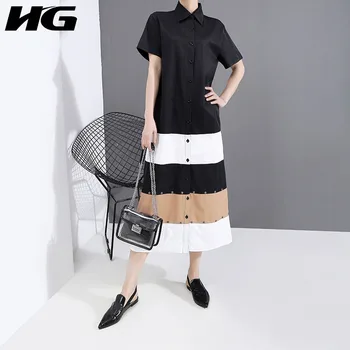 

HG 2020 Summer Spring New Contrast Dress Women Short Sleeve Turn Down Collar Women Clothes Fashion Elegant Long Dresses XJ4657