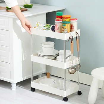 

3/4 Layer Kitchen Crack Storage Rack Movable Pulley Floor-standing Storage Shelf with Hooks Space Saving Organizer for Bathroom
