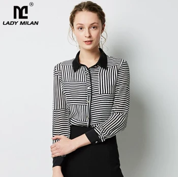 

100% Pure Silk Women's Runway Shirts Turn Down Collar Long Sleeves Striped Printed Fashion Blouse Shirt