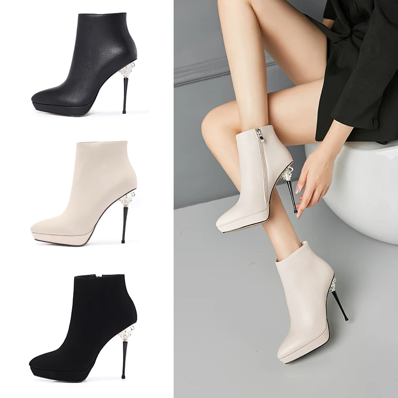 

Women's ankle boots pointed stiletto frosted genuine leather ankle boots 11.5 cm unique flower heel winter women's shoes