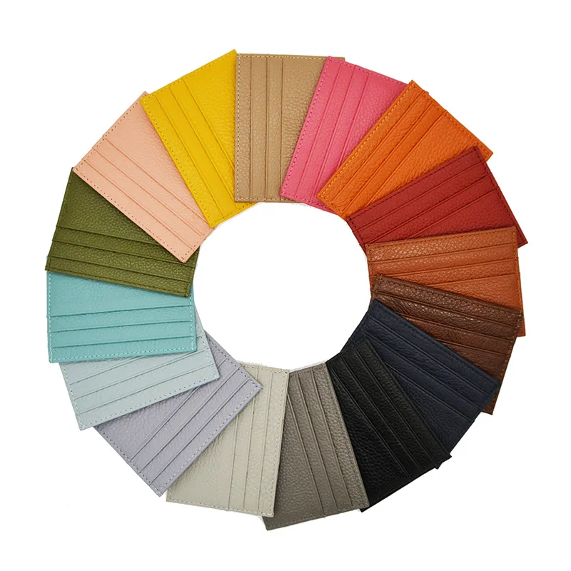 

100% Genuine Cowhide Leather Rainbow Candy Color Card Holder Bank Credit Card ID Holder Gift Box Slim Card Case Custom Name LOGO