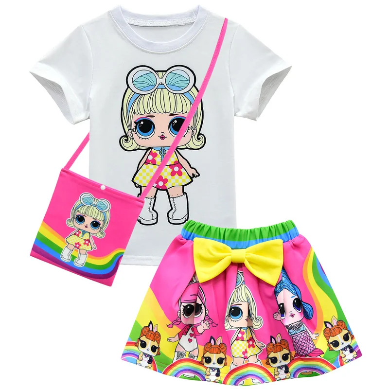 

Baby Girls Clothes Sets 2019 Summer Lol Doll Short Sleeve Top+Bow Cartoon Print Skirt+Bag Baby Kids Children's Clothing Suit