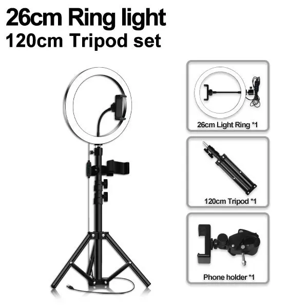 26cm type 120cm Светодиодный кольцевой светильник 16/20/26 см 5600K вспышка для селфи с кольцо для фотосъемки с лампами светильник ing с штатив с держателем для телефона и usb-разъем для студийной фотосъемки - Цвет: 26cm type 120cm