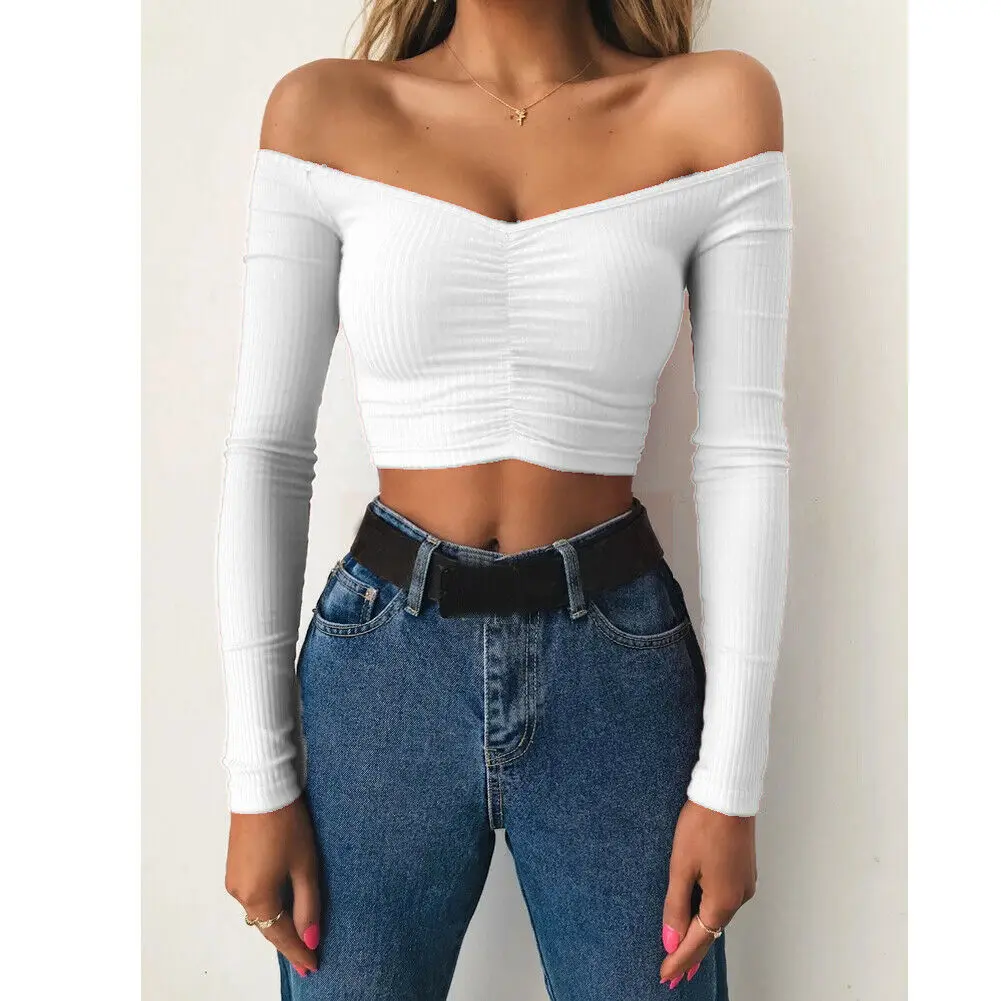 Women Bandage V-Neck Blouse Tops Autumn Casual Off Shoulder Blouse Top Long Sleeve Slim Fit Crop Short Shirt blusas mujer shirts & tops Blouses & Shirts