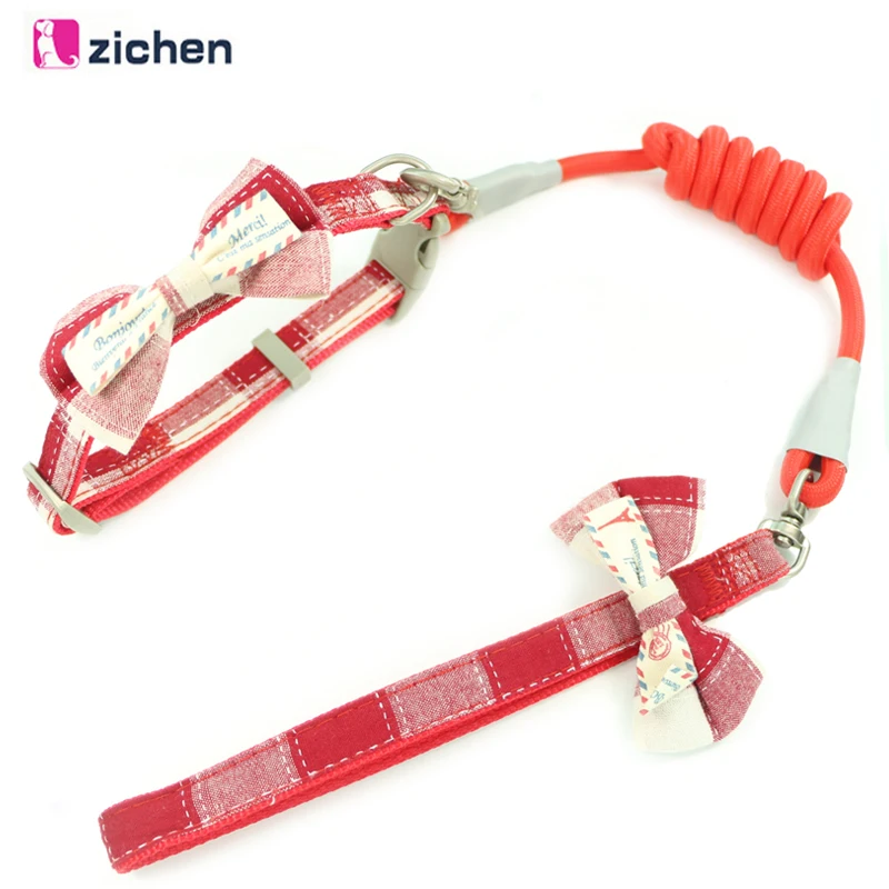 

Zichen Pet Dog Leash Collar Plaid Bow Collar Leash For Dogs Collars Leash Set Nylon Adjustable Durable Training Pet Supplies S-M