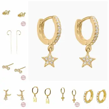 

real 925 Sterling Silver Earring For Women Girls Star Zircon Earrings Silver Gold Color Huggie Hoop Earring Oorbellen Gifts A30