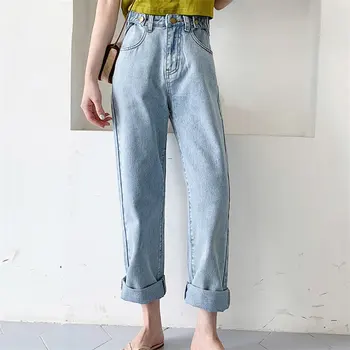 

HziriP 2019 Summer Chic Curl Fashion High Waist Slimming Straight Plus Loose Simple Casual All Match Jeans Solid Denim Trousers