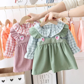 

The little girl thickened the strawberry check false two princess dress 2