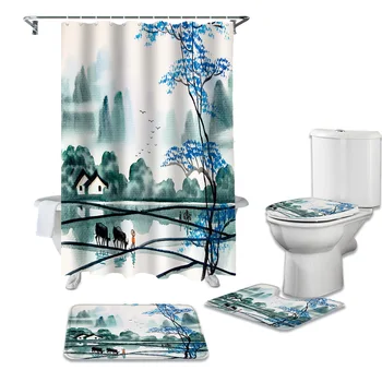 

Chinese Landscape Painting Shower Curtains Set Bath Mat Set Toilet Cover Waterproof Shower Curtain Set Bath Mats Rugs