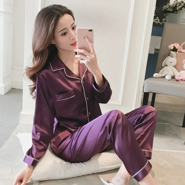 2-piece pajamas trousers suit women lapel silk long-sleeved home service ladies sexy satin ice silk pajamas spring autumn