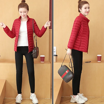Однотонное тонкое пуховое пальто размера плюс, Женское зимнее повседневное пальто с воротником-стойкой и длинным рукавом, Корейская женская модная теплая верхняя одежда - Цвет: Red wine