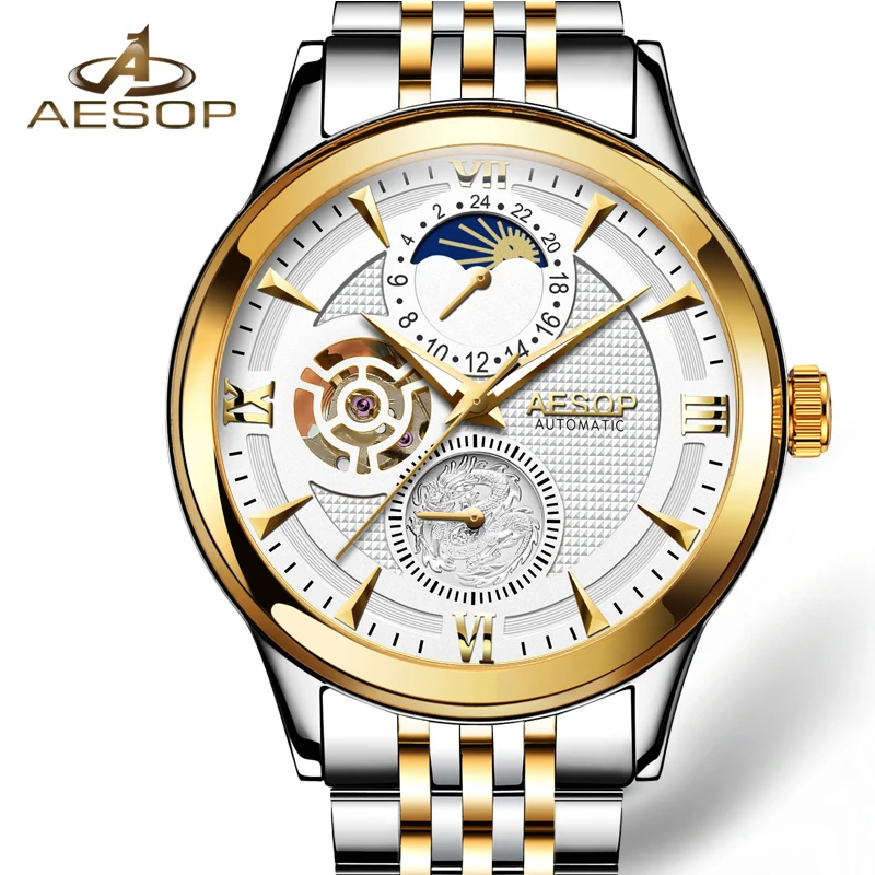 

Aesop Fashion Men Watch Men Automatic Mechanical Gold Wrist Watches Wristwatch Male Clock Relogio Masculino Hodinky Box 9019g