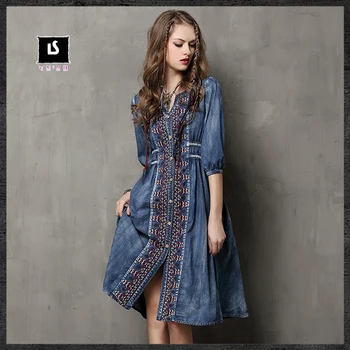 

Women Denim Dress 2019 Keer Autumn V-Neck Half Sleeve Big Swing Vestidos Embroidery Drawstring Vintage Feminina Dresses A6531