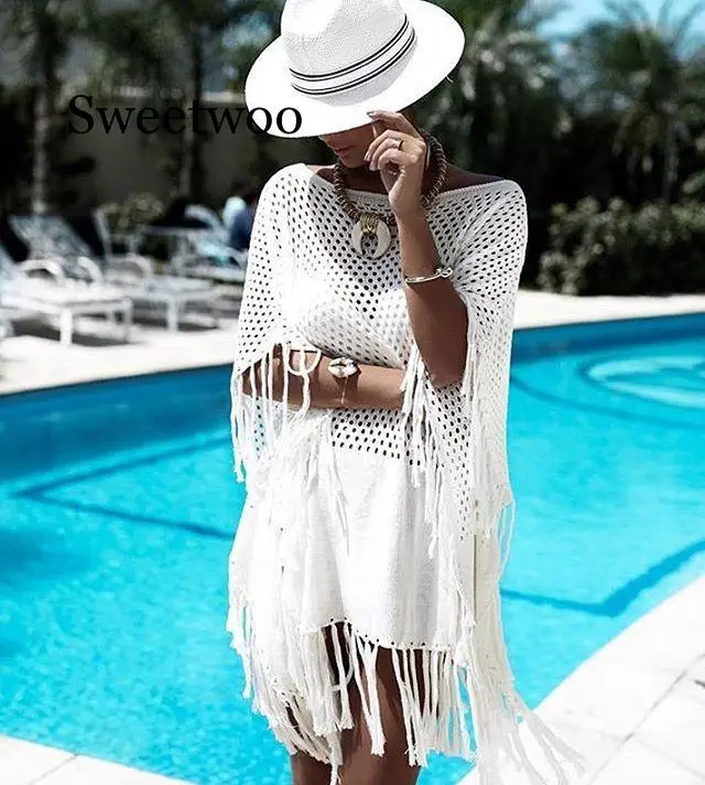 

2020 Hollow Out Tassels Bikini Cover Ups Summer Women Beach Dress Tunic Crochet Knitted Swimsuit Cover Up Beach Wear