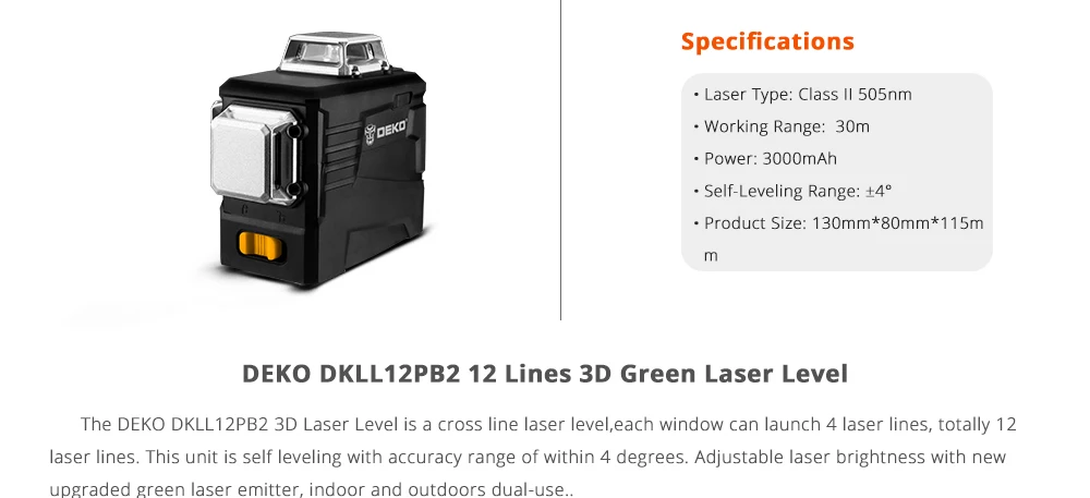 DEKO DKLL12PB1 12 линий 3D зеленый лазерный уровень Горизонтальные и вертикальные поперечные линии с автоматическим самонивелированием, в помещении и на улице