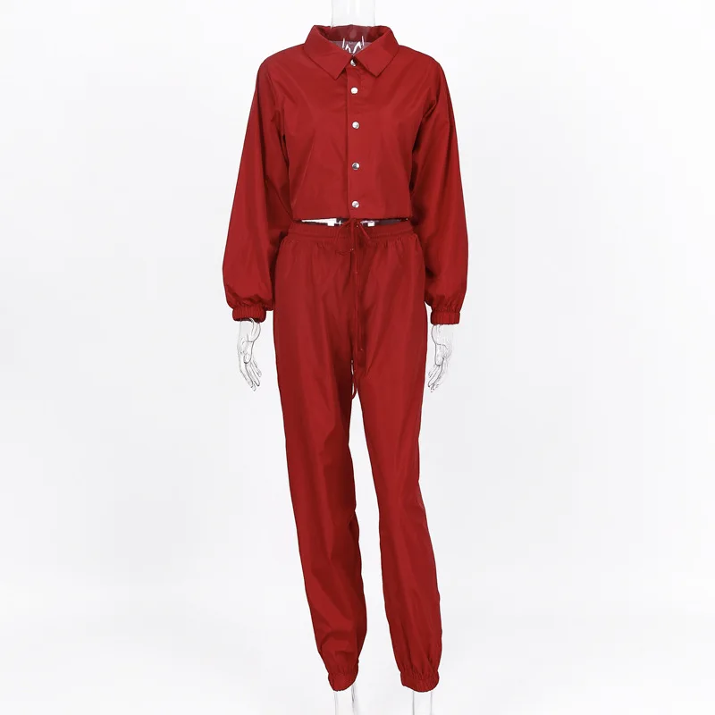 2Pcs Red Suit Укороченная куртка брюки карго комплект из 2 предметов осень зима Женская ветровка на молнии кардиган пальто брюки спортивный костюм - Цвет: 2Pcs Red Suit