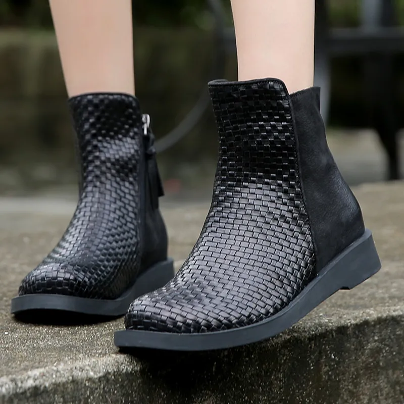 

Genuine Leather Womens Boots Ankle Round Head Flat Bottom Martin Boots British Style Women's Boots 2019 Autumn Winter