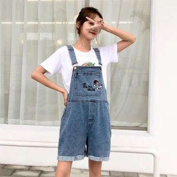 

New Cartoon Embroidery Jeans Overalls Jumpsuits For Women Summer Denim Overalls Wide Leg Shorts Roll Up Cuffs