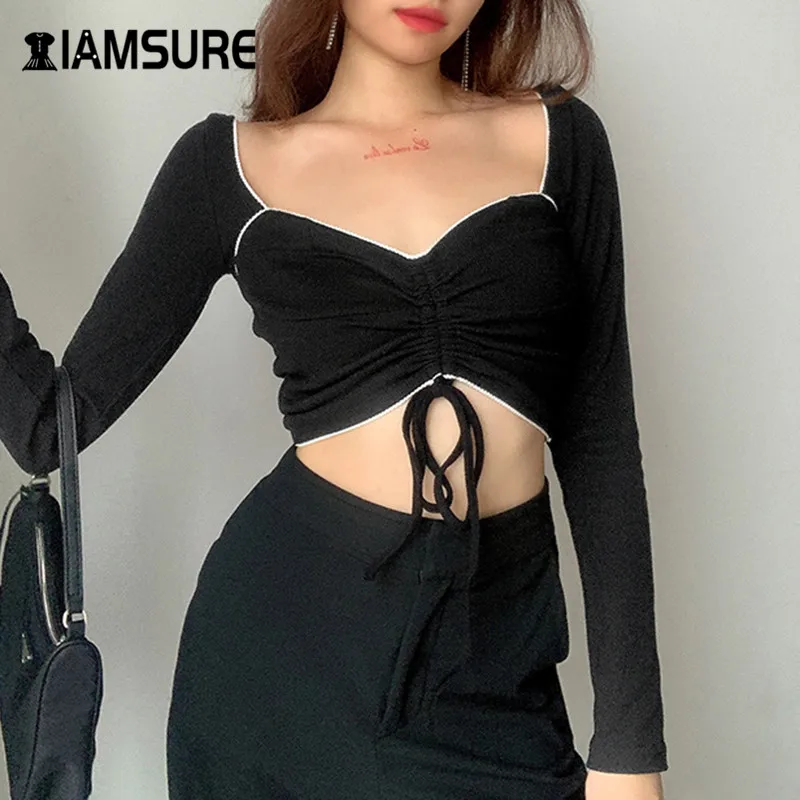 

IAMSURE 2020 Autumn Drawstring Aesthetic Crop Tops For Women Korean Streetwear Square Collar Slim Outfits Female Black T-Shirts