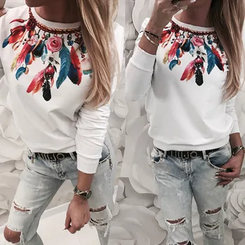 

2019 New Arrivals Casual Round Neck Feather Printed Long Sleeve Women Tops Fall Clothing Women Tops and Blouse Women Blouse